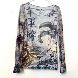 Vintage Lucky Brand Long Sleeve Oriental Scene Multicolor Japanese Geisha Girl T